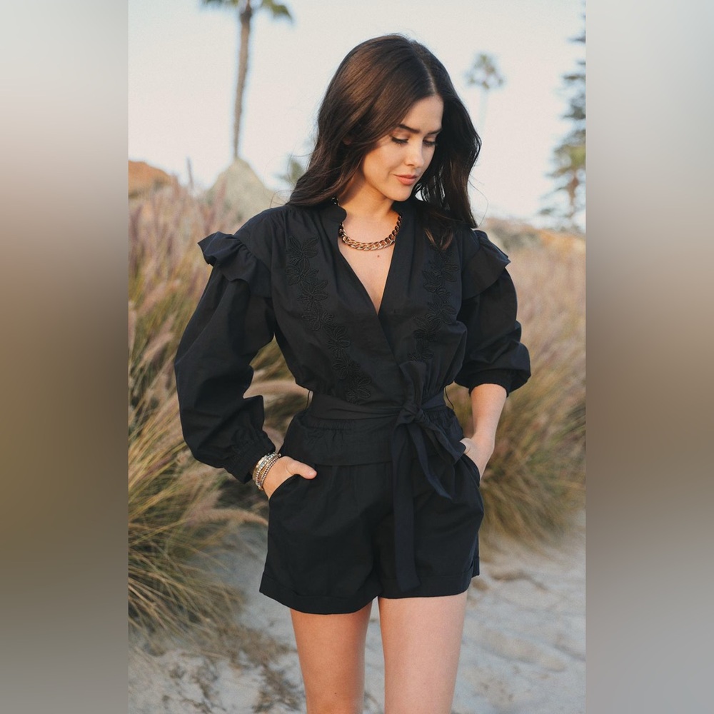 Patrizia Pepe Black Long Sleeve Romper with Embroidered Floral Detail and Belt